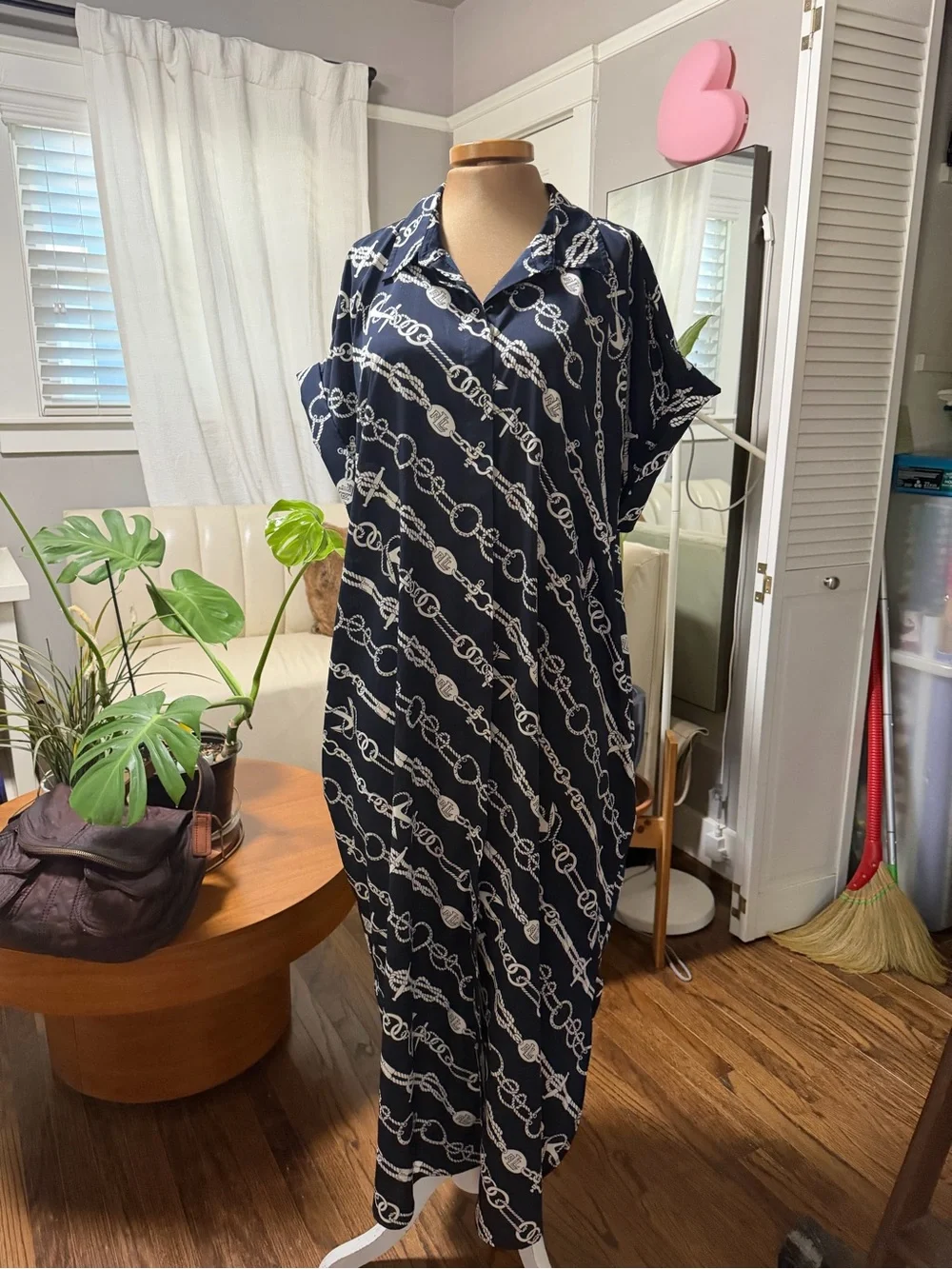 Ralph Lauren Navy Chain-Print Midi Shirt Dress with Brown Belt - Picture 9 of 13